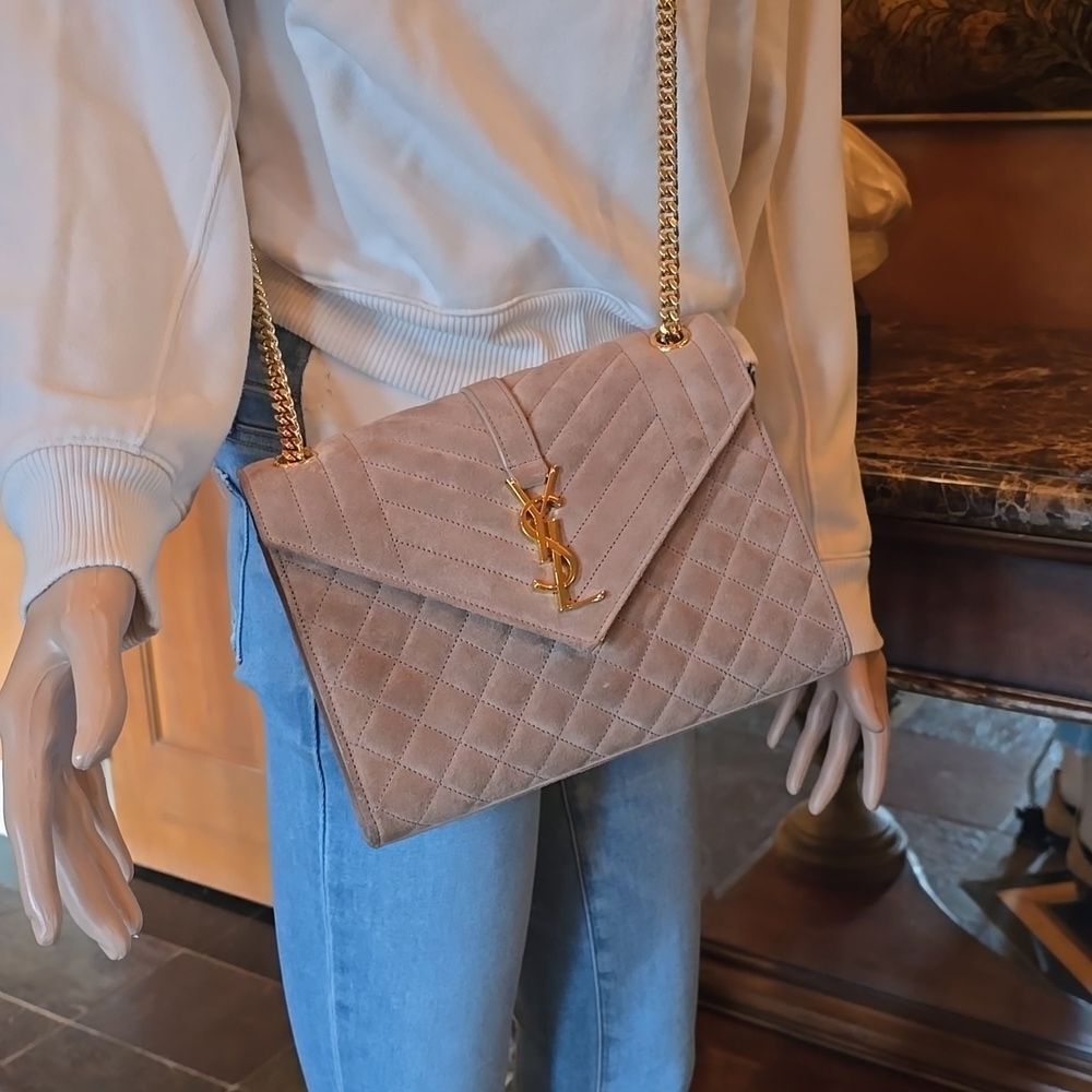 Yves Saint Laurent Tan  Quilted Suede Crossbody Envelope Bag, NWOT - Picture 11 of 16
